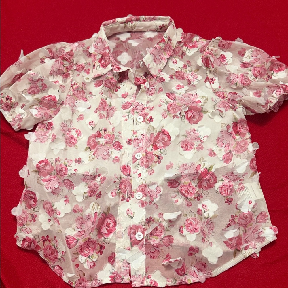 Floral Pink and White Button-Up Blouse
